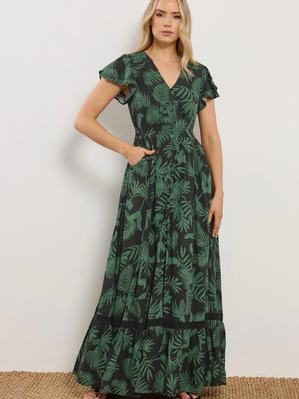 LTS  Tall Green Leaf Print Maxi Dress - Elegant V-Neck Style
